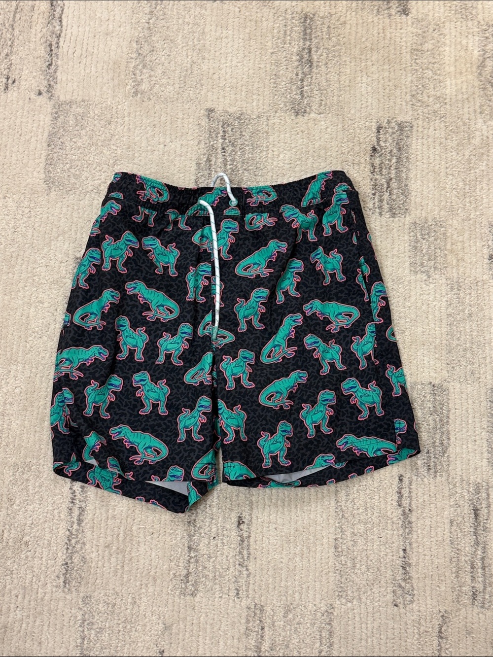 Men's Black Swim Trunks with Teal Dinosaur Print